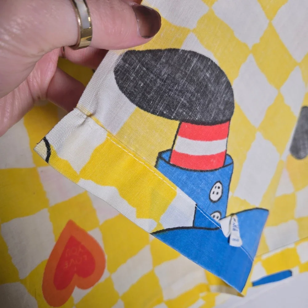 Vtg Bobbs-Merrill Raggedy Ann Andy Queen Flat Sheet Yellow Checkerboard 65x94
